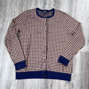 Lands End Cardigan Sweater Womens L 14-16 Navy Tan Houndstooth Supima Cotton